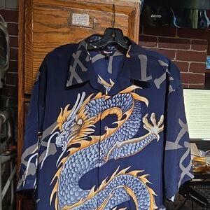 BIGND Men's XL-Navy Dragon Print Short-Sleeve Shirt